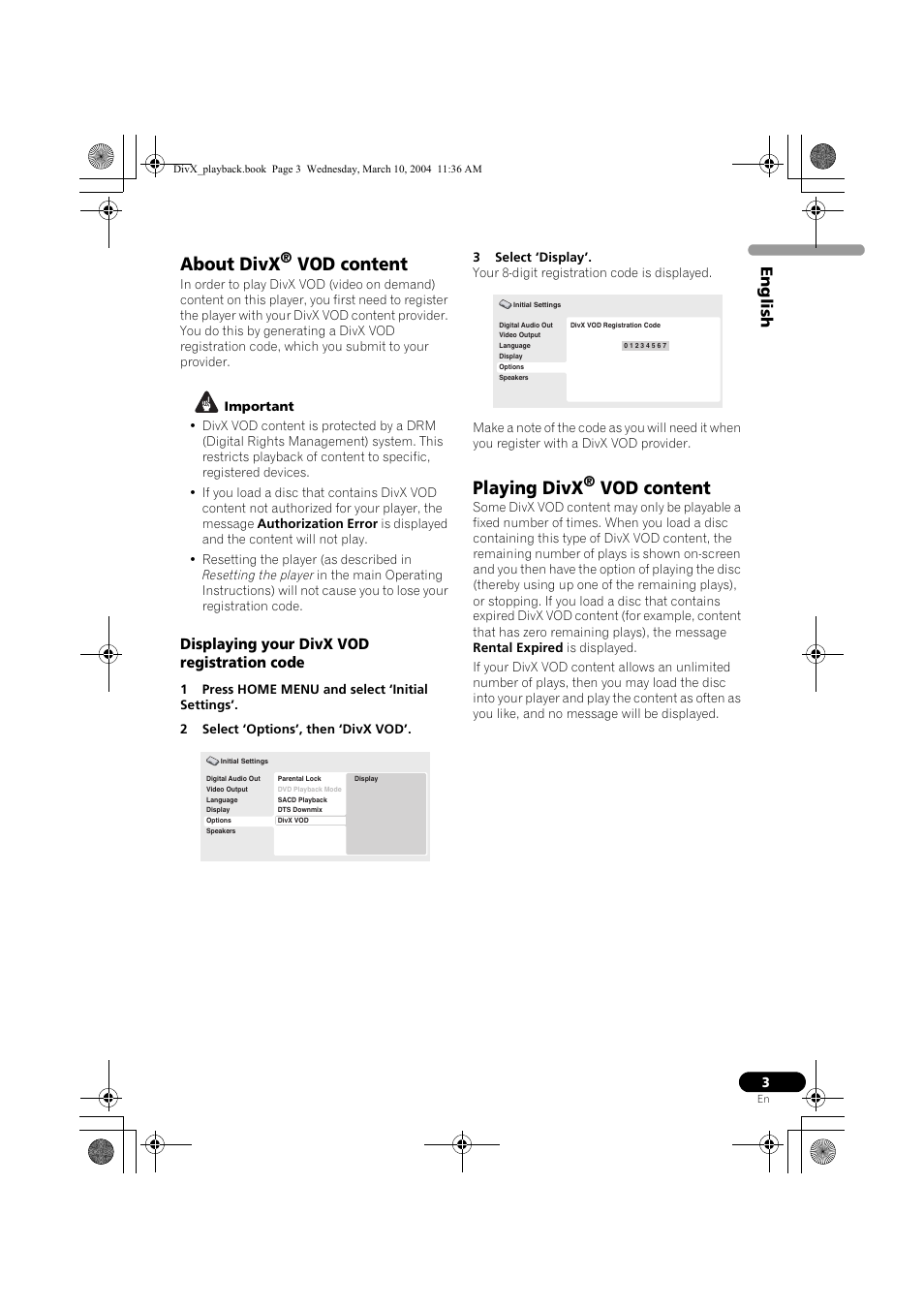 About divx, Vod content, Playing divx | En g lish, Displaying your divx vod registration code | Pioneer DV-575A-K User Manual | Page 3 / 24