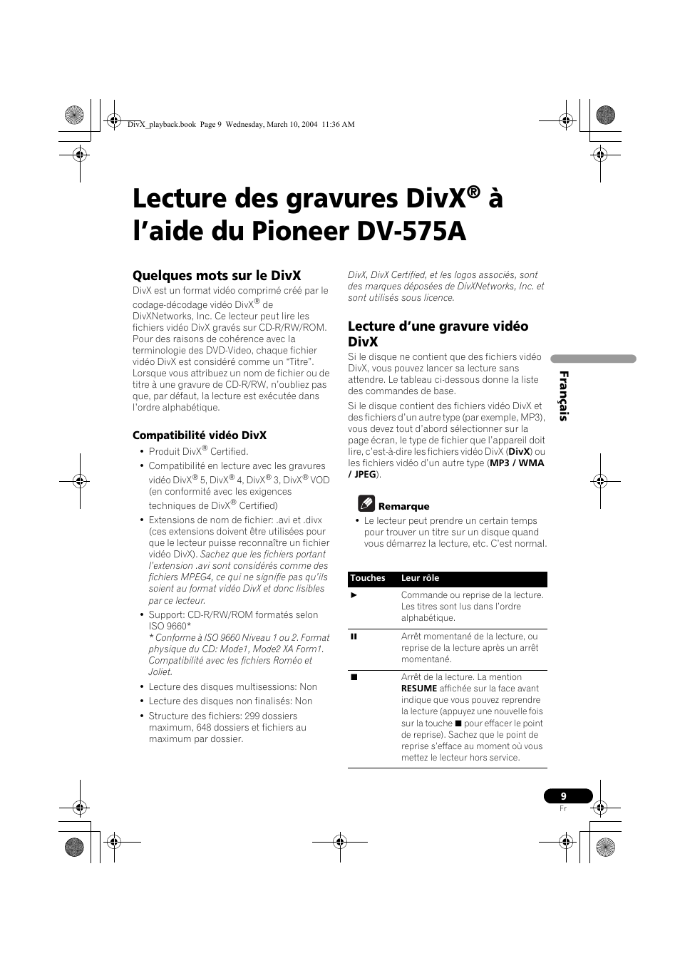 Lecture des gravures divx, Àl’aide du pioneer dv-575a, Quelques mots sur le divx | Lecture d’une gravure vidéo divx | Pioneer DV-575A-K User Manual | Page 9 / 24