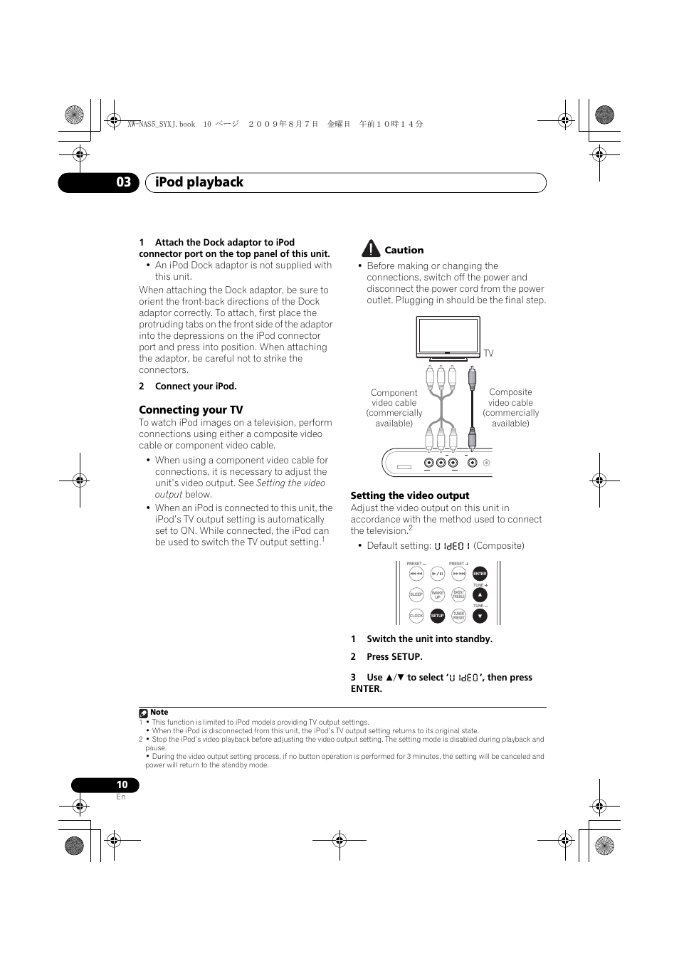 Connecting your tv, Ipod playback 03, Setting the video output | Pioneer XW-NAS5-S User Manual | Page 10 / 74