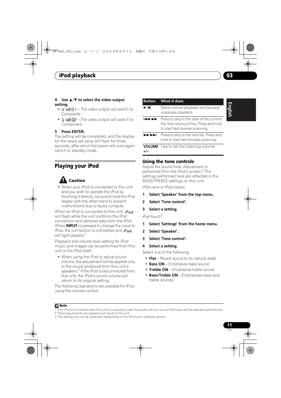 Playing your ipod, Using the tone controls, Ipod playback 03 | Pioneer XW-NAS5-S User Manual | Page 11 / 74