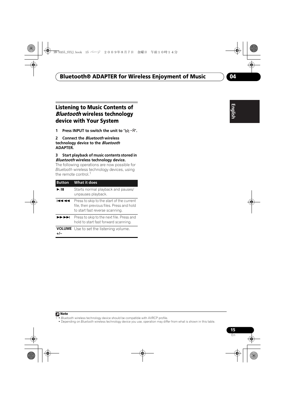 Bluetooth, Listening to music contents of, Wireless technology device with your system | Pioneer XW-NAS5-S User Manual | Page 15 / 74