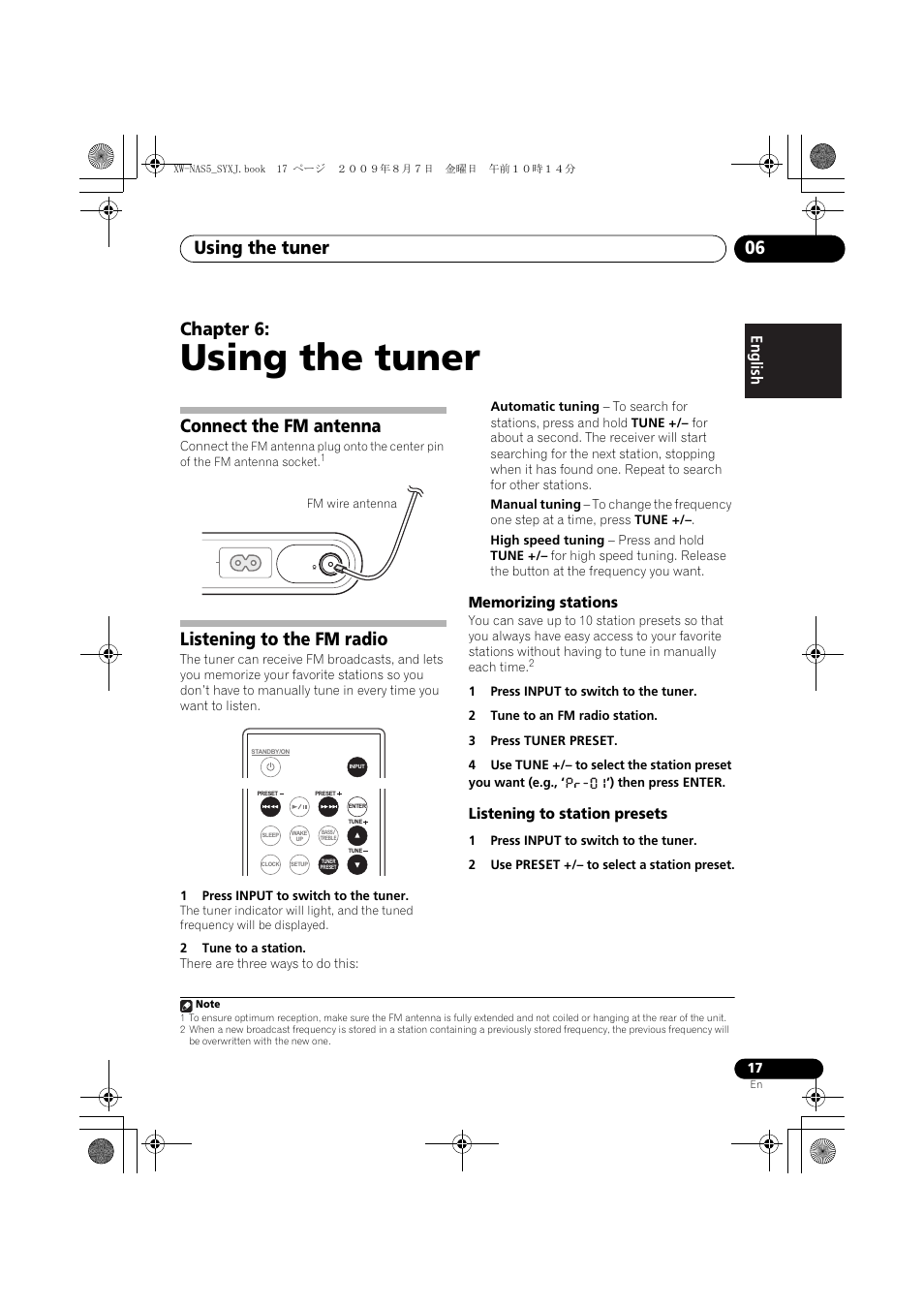 Connect the fm antenna, Listening to the fm radio, Memorizing stations | Listening to station presets, Using the tuner, Using the tuner 06, Chapter 6 | Pioneer XW-NAS5-S User Manual | Page 17 / 74