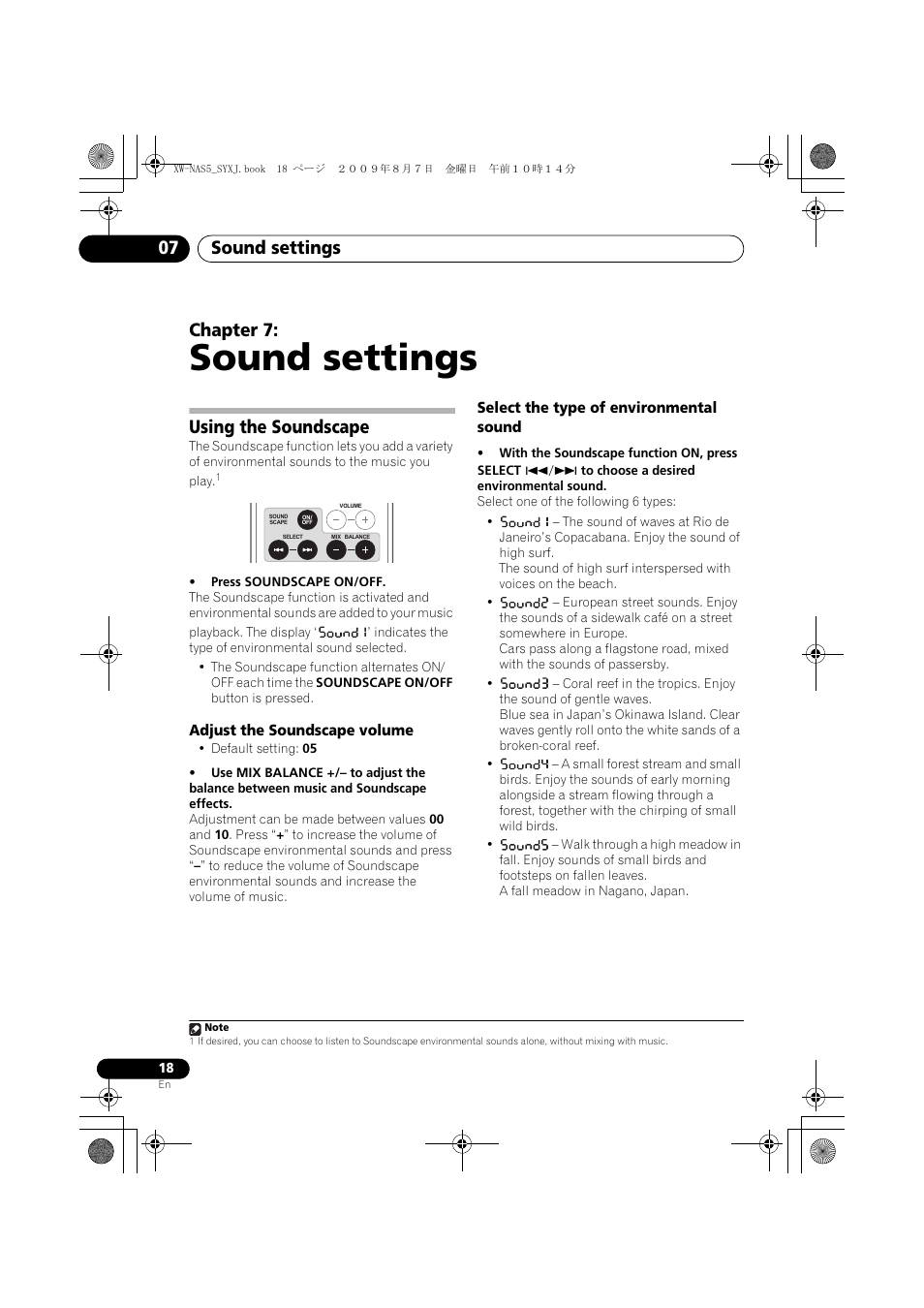 Using the soundscape, Adjust the soundscape volume, Select the type of environmental sound | Sound settings, Sound settings 07, Chapter 7 | Pioneer XW-NAS5-S User Manual | Page 18 / 74