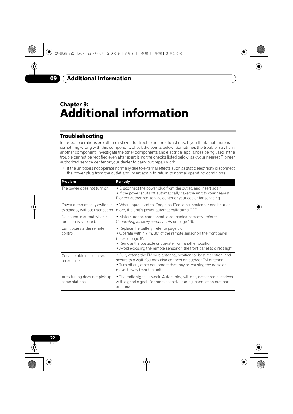 Troubleshooting, Additional information, Additional information 09 | Chapter 9 | Pioneer XW-NAS5-S User Manual | Page 22 / 74