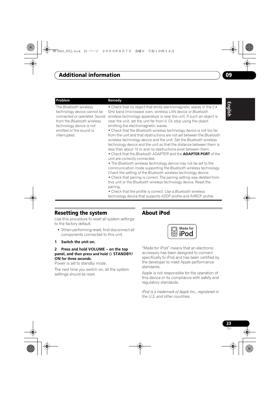 Resetting the system, About ipod, Additional information 09 | Pioneer XW-NAS5-S User Manual | Page 23 / 74