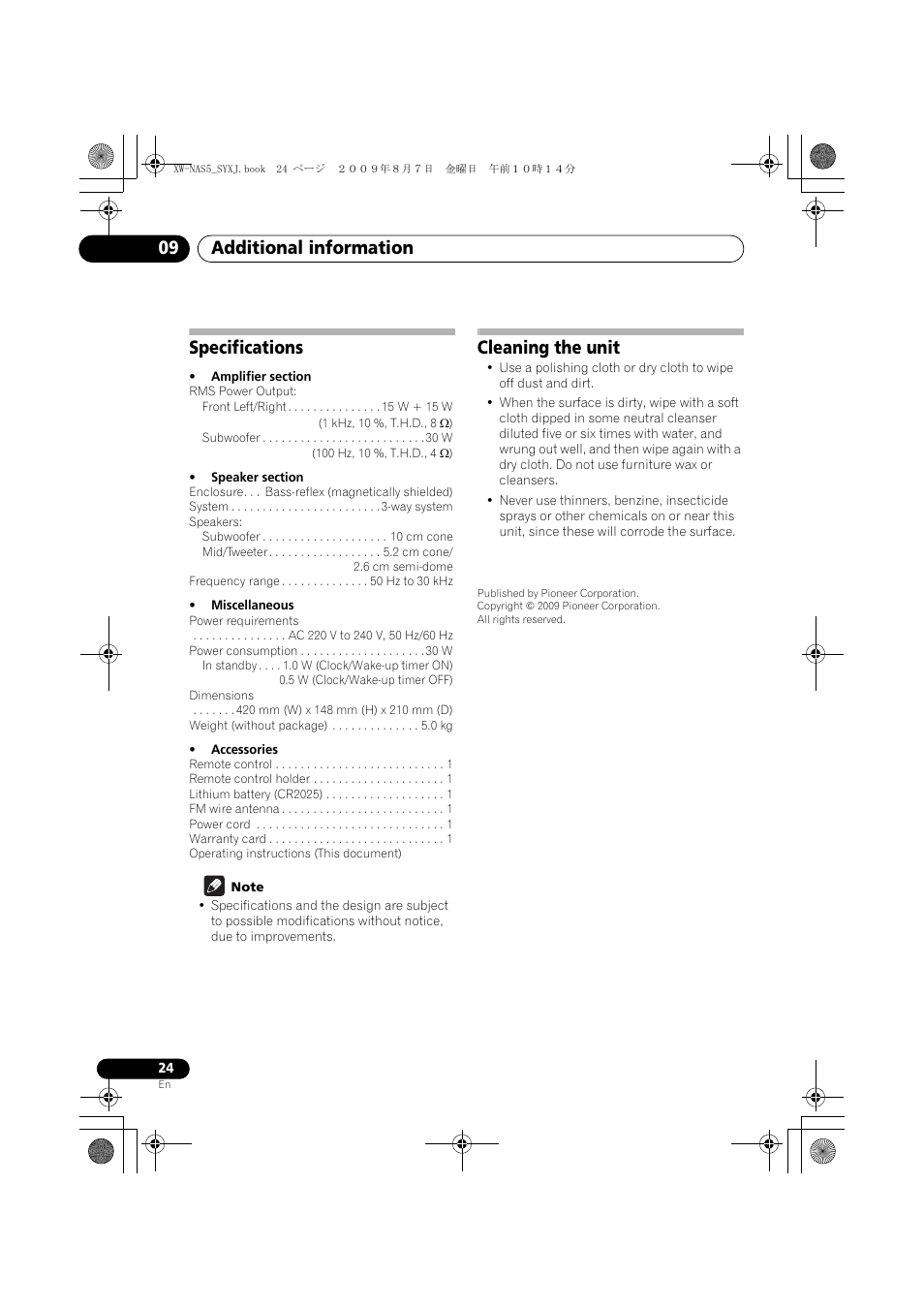 Specifications, Cleaning the unit, Additional information 09 | Pioneer XW-NAS5-S User Manual | Page 24 / 74