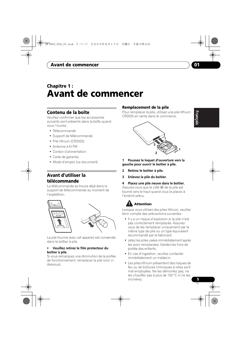 Contenu de la boîte, Avant d’utiliser la télécommande, Remplacement de la pile | Avant de commencer, Avant de commencer 01, Chapitre 1 | Pioneer XW-NAS5-S User Manual | Page 29 / 74