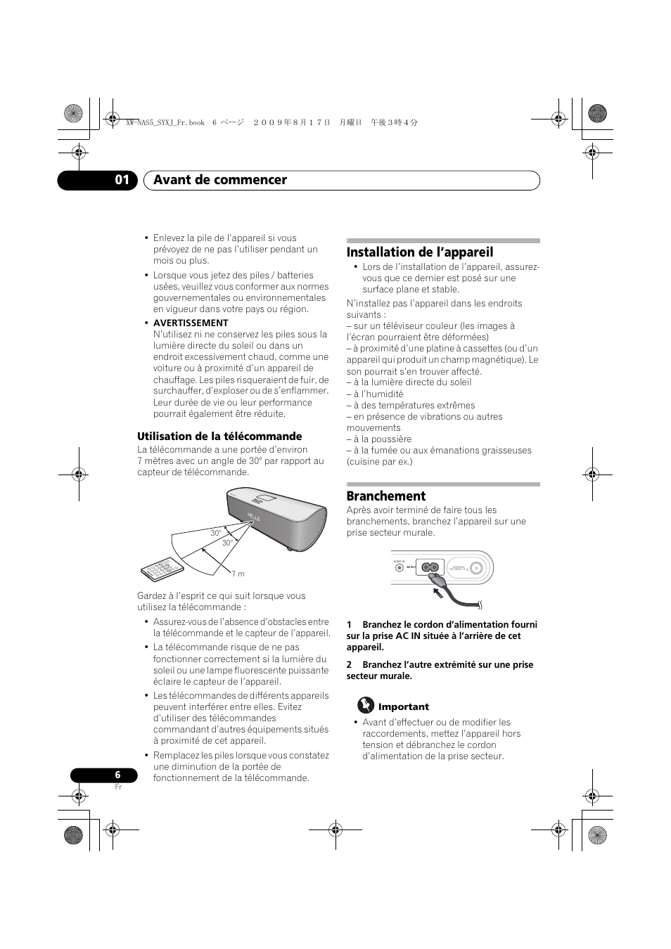 Utilisation de la télécommande, Installation de l’appareil, Branchement | Avant de commencer 01 | Pioneer XW-NAS5-S User Manual | Page 30 / 74