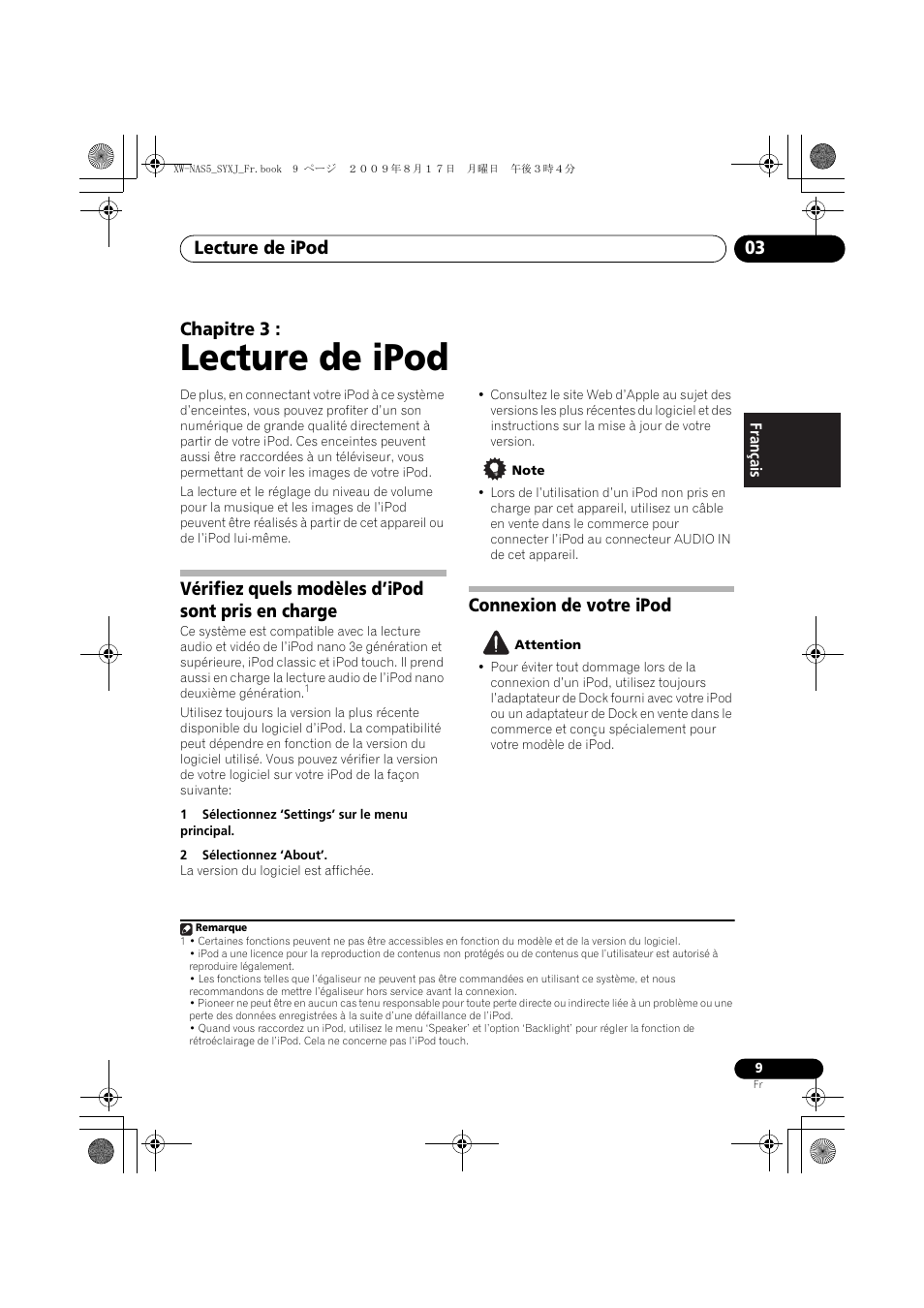 Vérifiez quels modèles d’ipod sont pris en charge, Connexion de votre ipod, Lecture de ipod | Lecture de ipod 03, Chapitre 3 | Pioneer XW-NAS5-S User Manual | Page 33 / 74