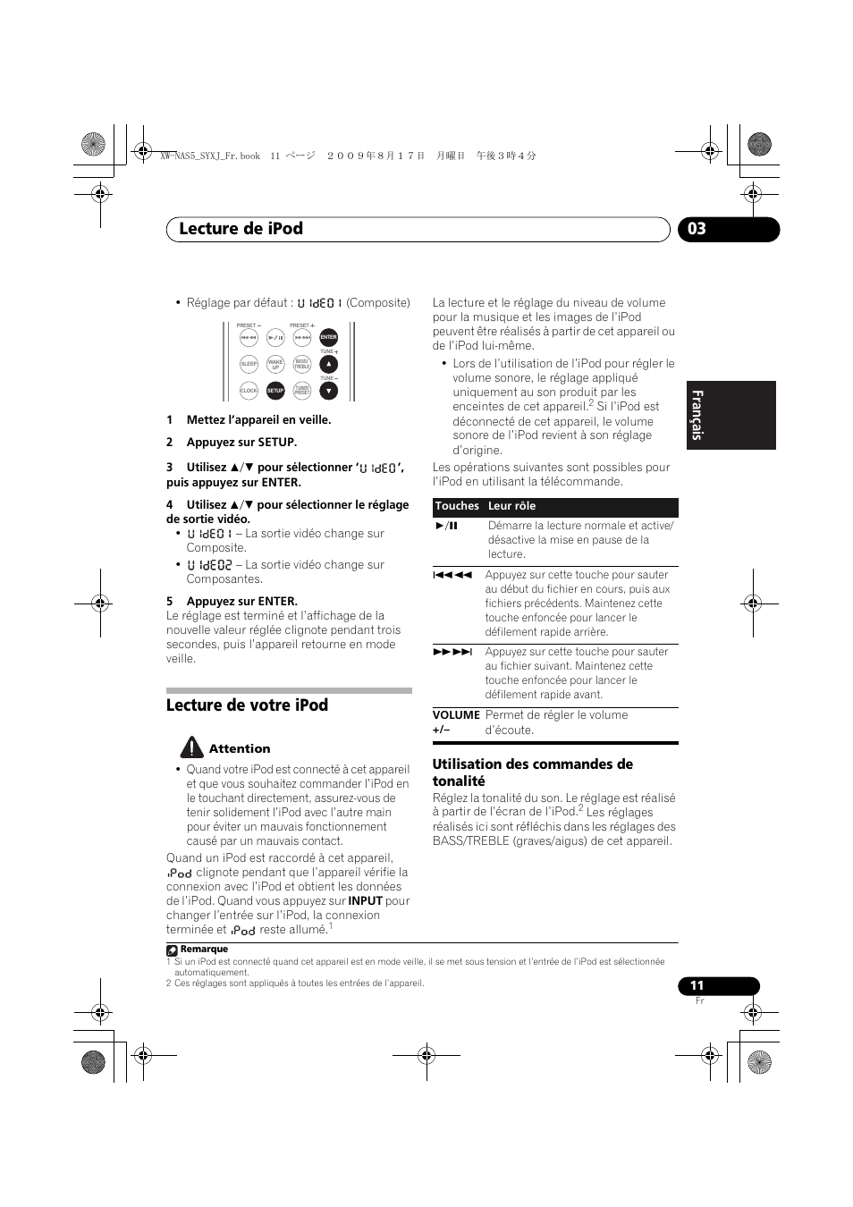 Lecture de votre ipod, Utilisation des commandes de tonalité, Lecture de ipod 03 | English français español | Pioneer XW-NAS5-S User Manual | Page 35 / 74