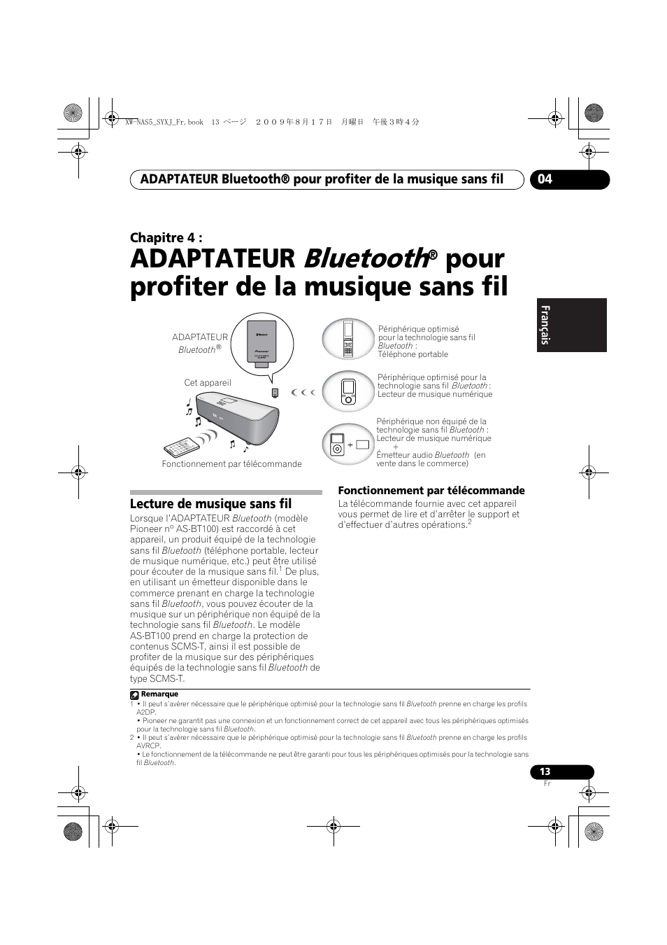 Lecture de musique sans fil, Fonctionnement par télécommande, Bluetooth | Adaptateur, Pour profiter de la musique sans fil | Pioneer XW-NAS5-S User Manual | Page 37 / 74