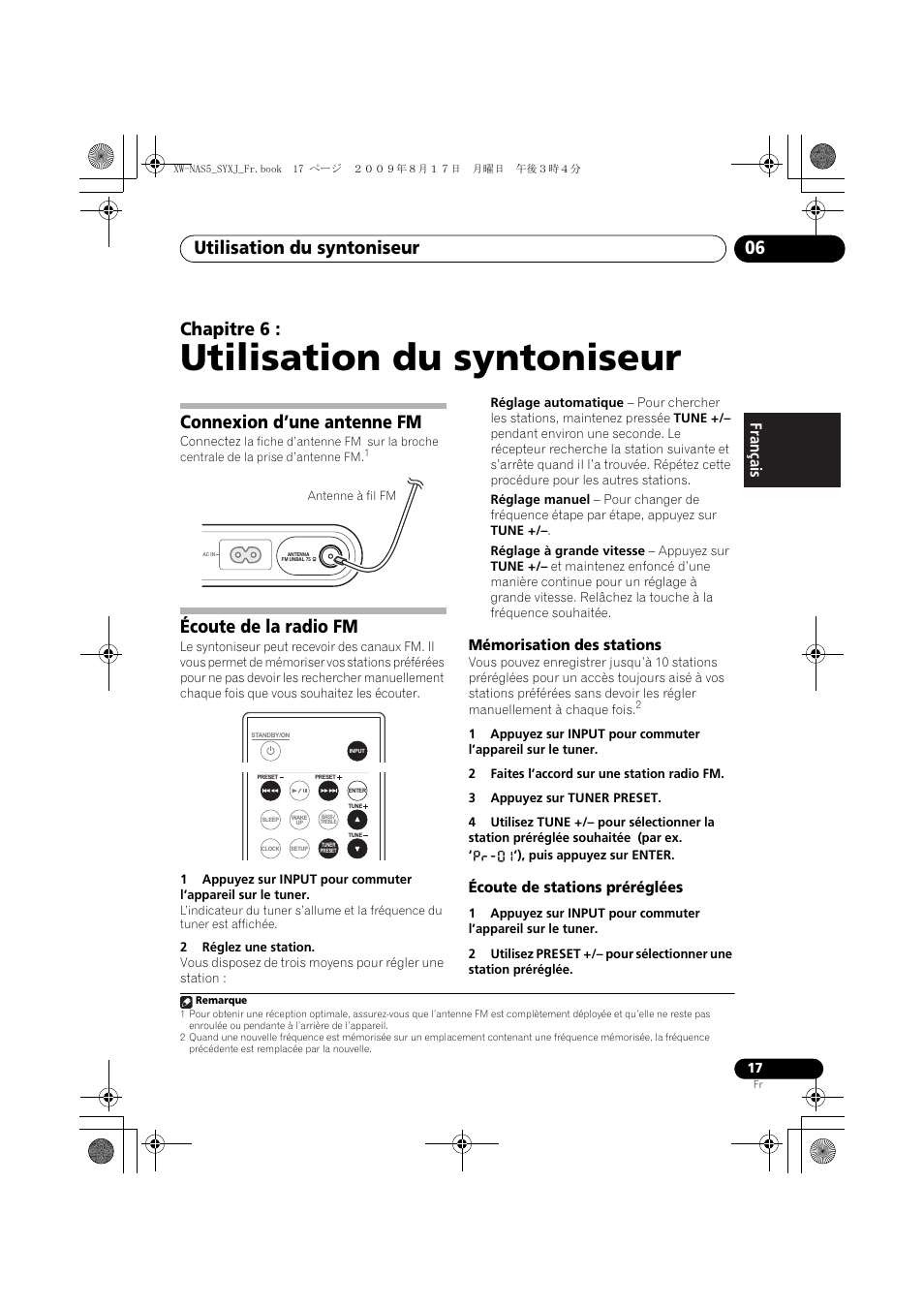 Connexion d’une antenne fm, Écoute de la radio fm, Mémorisation des stations | Écoute de stations préréglées, Utilisation du syntoniseur, Utilisation du syntoniseur 06, Chapitre 6, English français español | Pioneer XW-NAS5-S User Manual | Page 41 / 74