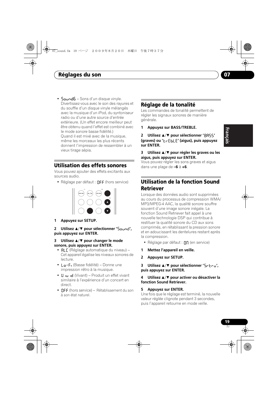 Utilisation des effets sonores, Réglage de la tonalité, Utilisation de la fonction sound retriever | Réglages du son 07, English français español | Pioneer XW-NAS5-S User Manual | Page 43 / 74