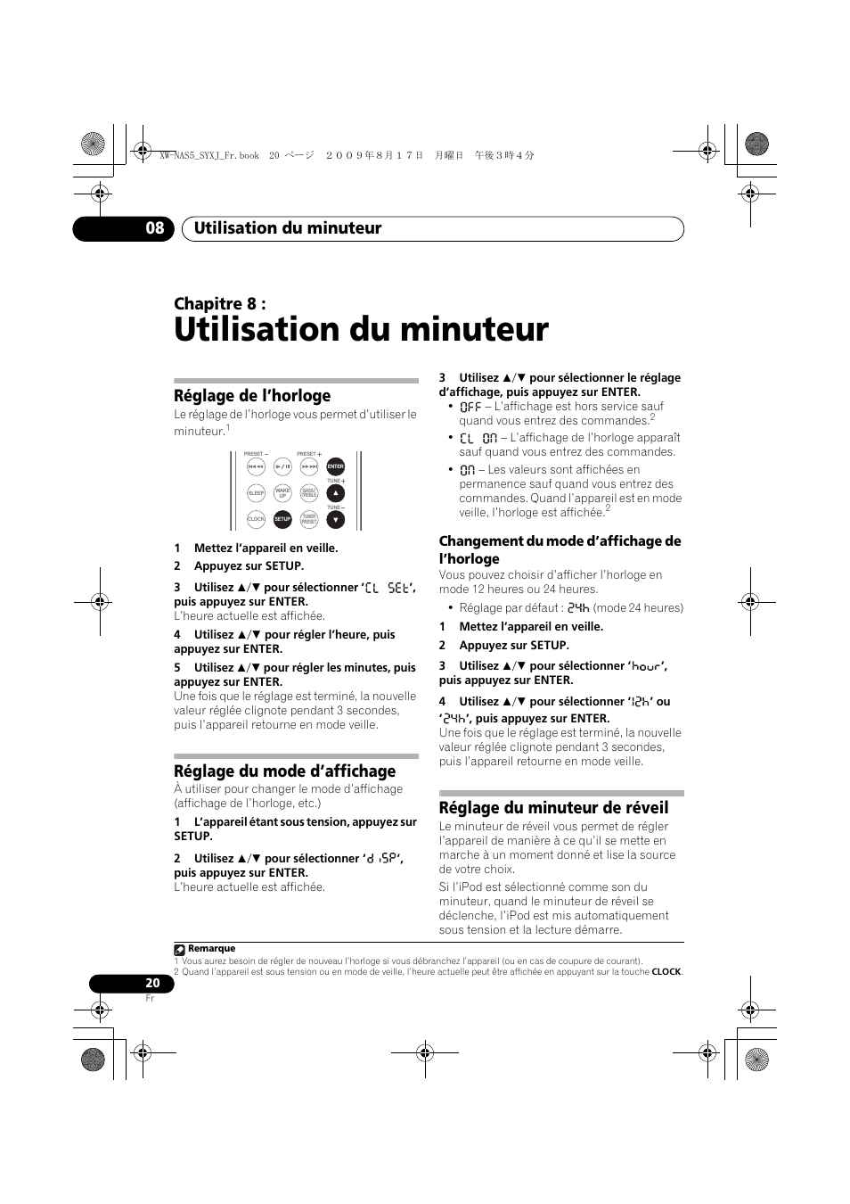 Réglage de l’horloge, Réglage du mode d’affichage, Changement du mode d’affichage de l’horloge | Réglage du minuteur de réveil, Utilisation du minuteur, Utilisation du minuteur 08, Chapitre 8 | Pioneer XW-NAS5-S User Manual | Page 44 / 74