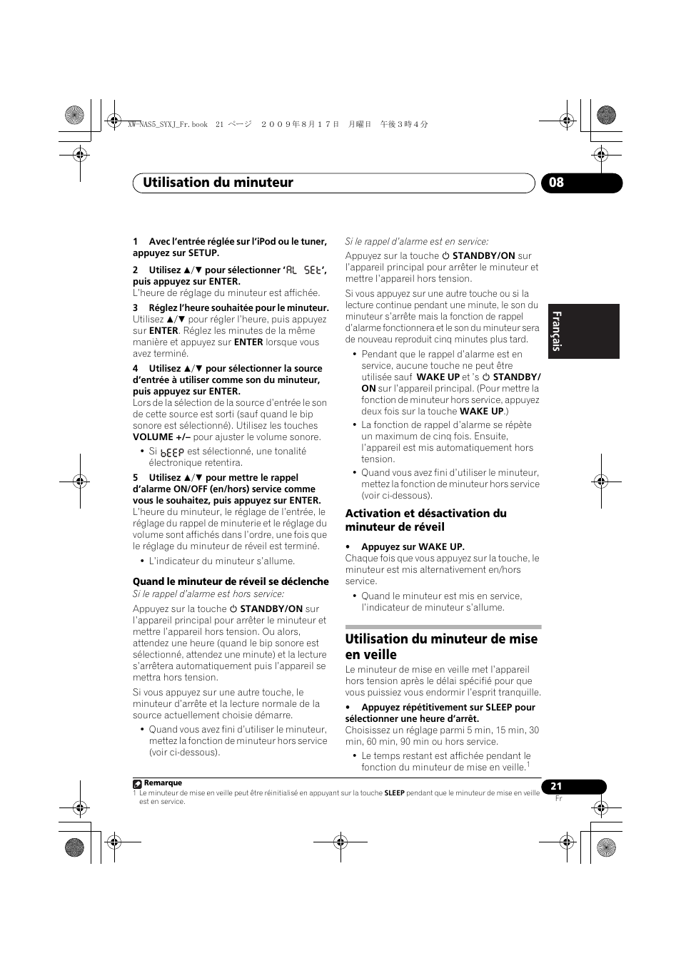 Activation et désactivation du minuteur de réveil, Utilisation du minuteur de mise en veille, Utilisation du minuteur 08 | Pioneer XW-NAS5-S User Manual | Page 45 / 74