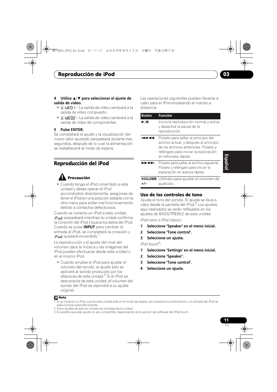 Reproducción del ipod, Uso de los controles de tono, Reproducción de ipod 03 | Pioneer XW-NAS5-S User Manual | Page 59 / 74