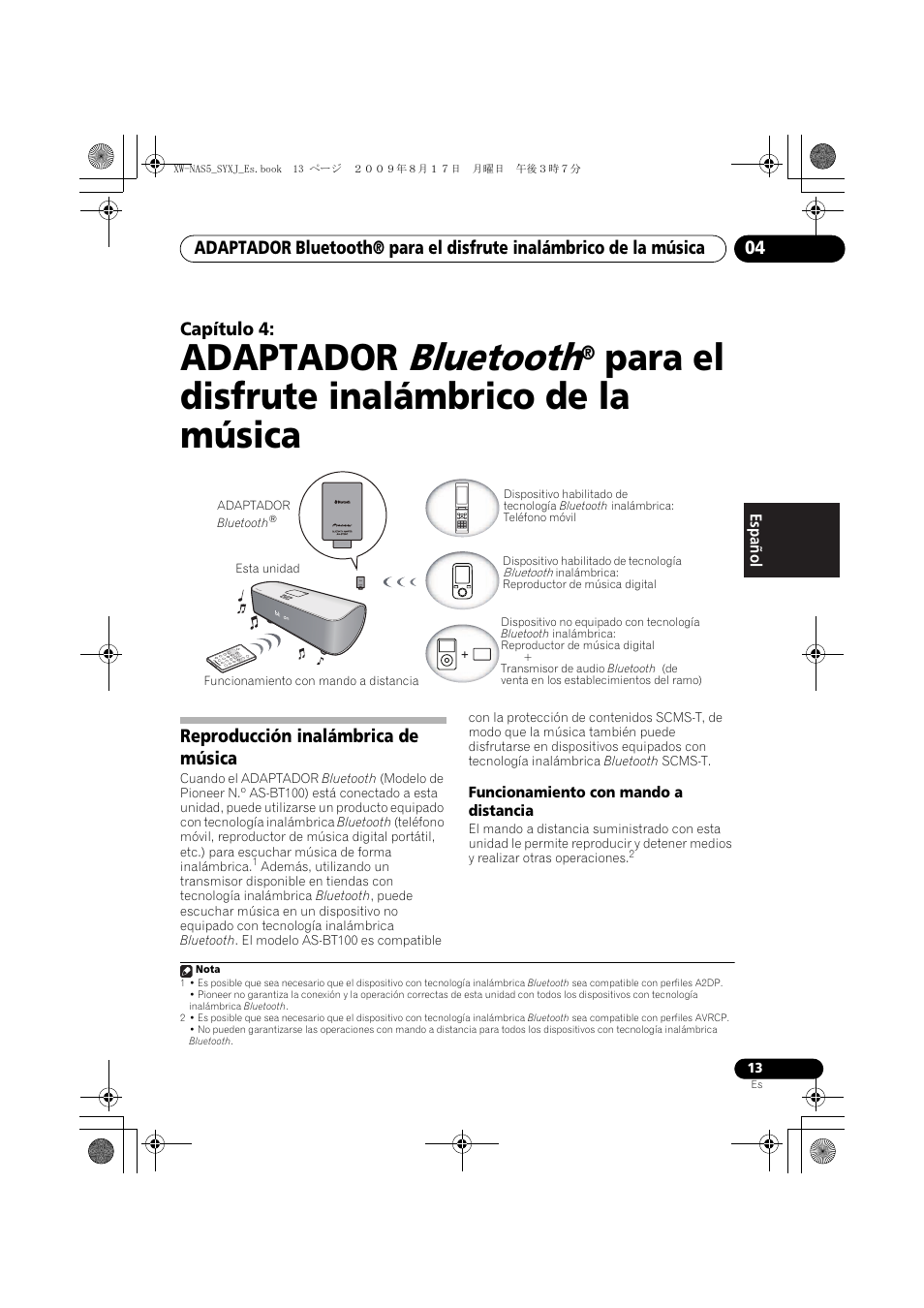 Reproducción inalámbrica de música, Funcionamiento con mando a distancia, Bluetooth | Adaptador, Para el disfrute inalámbrico de la música | Pioneer XW-NAS5-S User Manual | Page 61 / 74