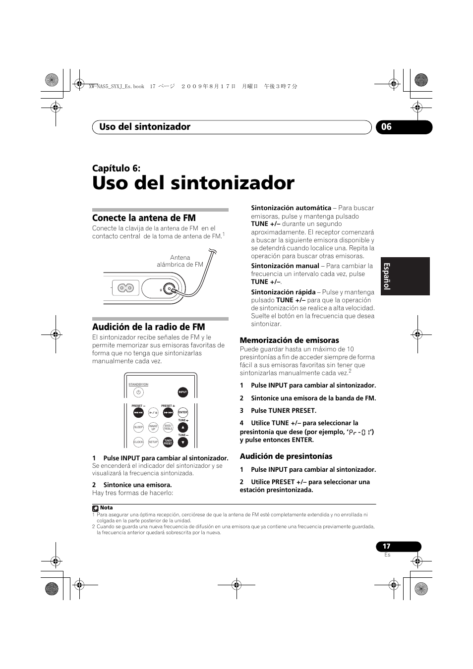 Conecte la antena de fm, Audición de la radio de fm, Memorización de emisoras | Audición de presintonías, Uso del sintonizador, Uso del sintonizador 06, Capítulo 6, English français español | Pioneer XW-NAS5-S User Manual | Page 65 / 74