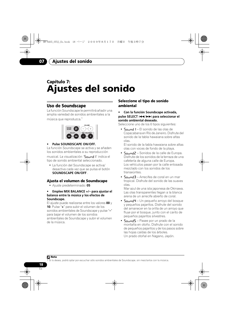 Uso de soundscape, Ajusta el volumen de soundscape, Seleccione el tipo de sonido ambiental | Ajustes del sonido, Ajustes del sonido 07, Capítulo 7 | Pioneer XW-NAS5-S User Manual | Page 66 / 74