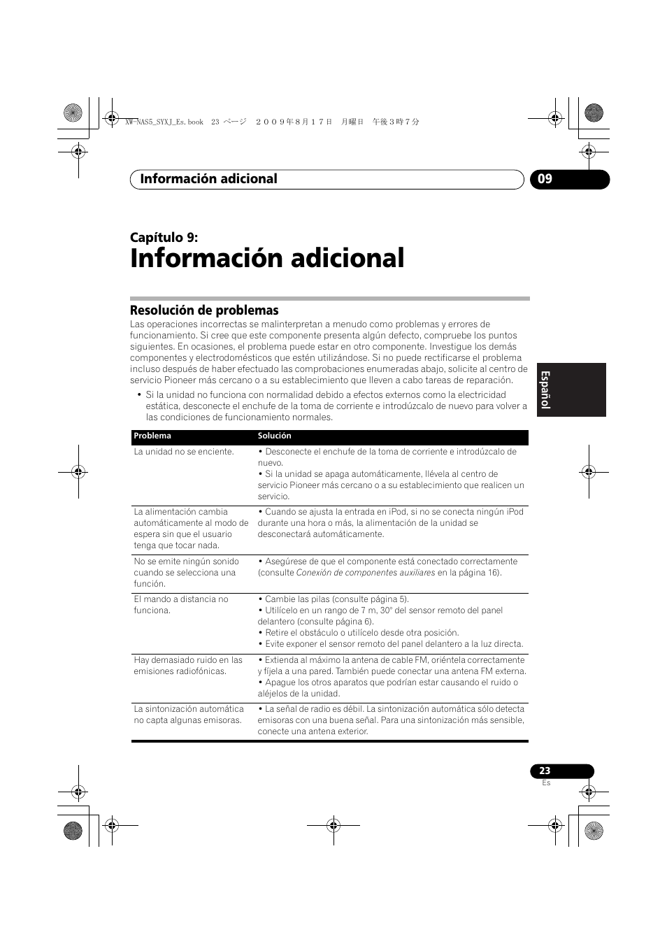 Resolución de problemas, Información adicional, Información adicional 09 | Capítulo 9 | Pioneer XW-NAS5-S User Manual | Page 71 / 74