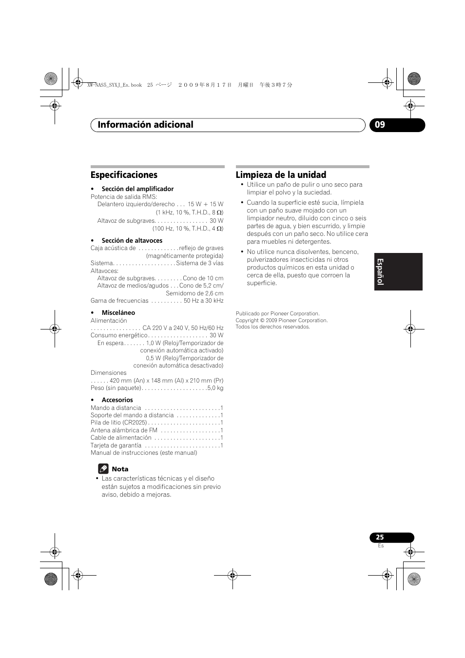 Especificaciones, Limpieza de la unidad, Información adicional 09 | Pioneer XW-NAS5-S User Manual | Page 73 / 74