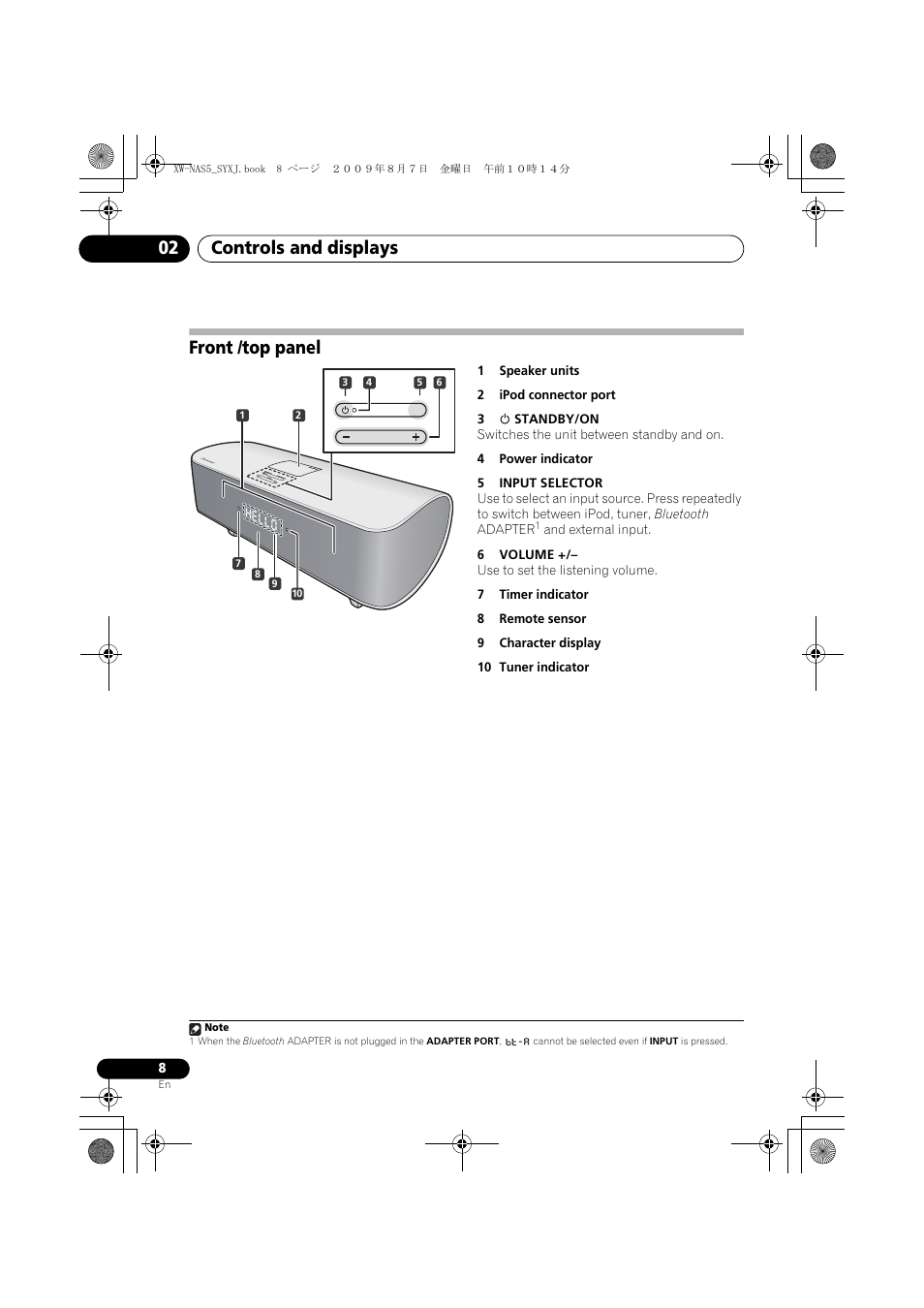 Front /top panel, Controls and displays 02 | Pioneer XW-NAS5-S User Manual | Page 8 / 74