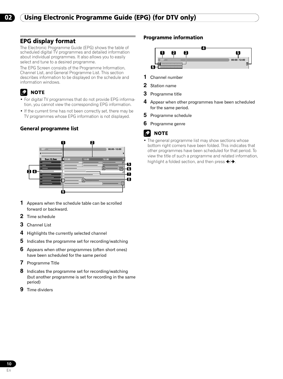 02 using electronic programme guide (epg), For dtv only), Epg display format | General programme list, Programme information | Pioneer PDP-435XDE User Manual | Page 10 / 100