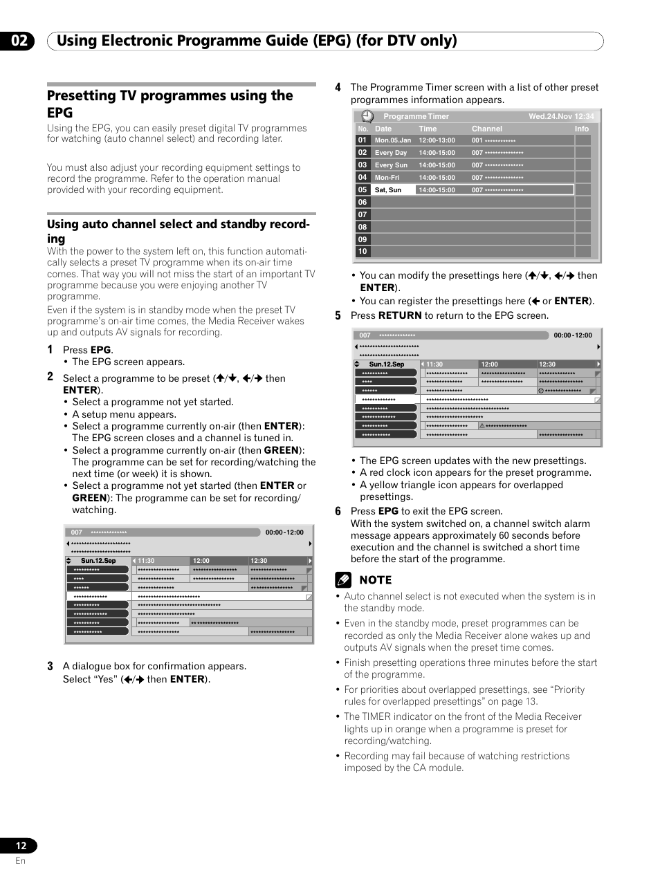 Presetting tv programmes using the epg, Using auto channel select and standby recording, Using auto channel select and standby record- ing | Pioneer PDP-435XDE User Manual | Page 12 / 100