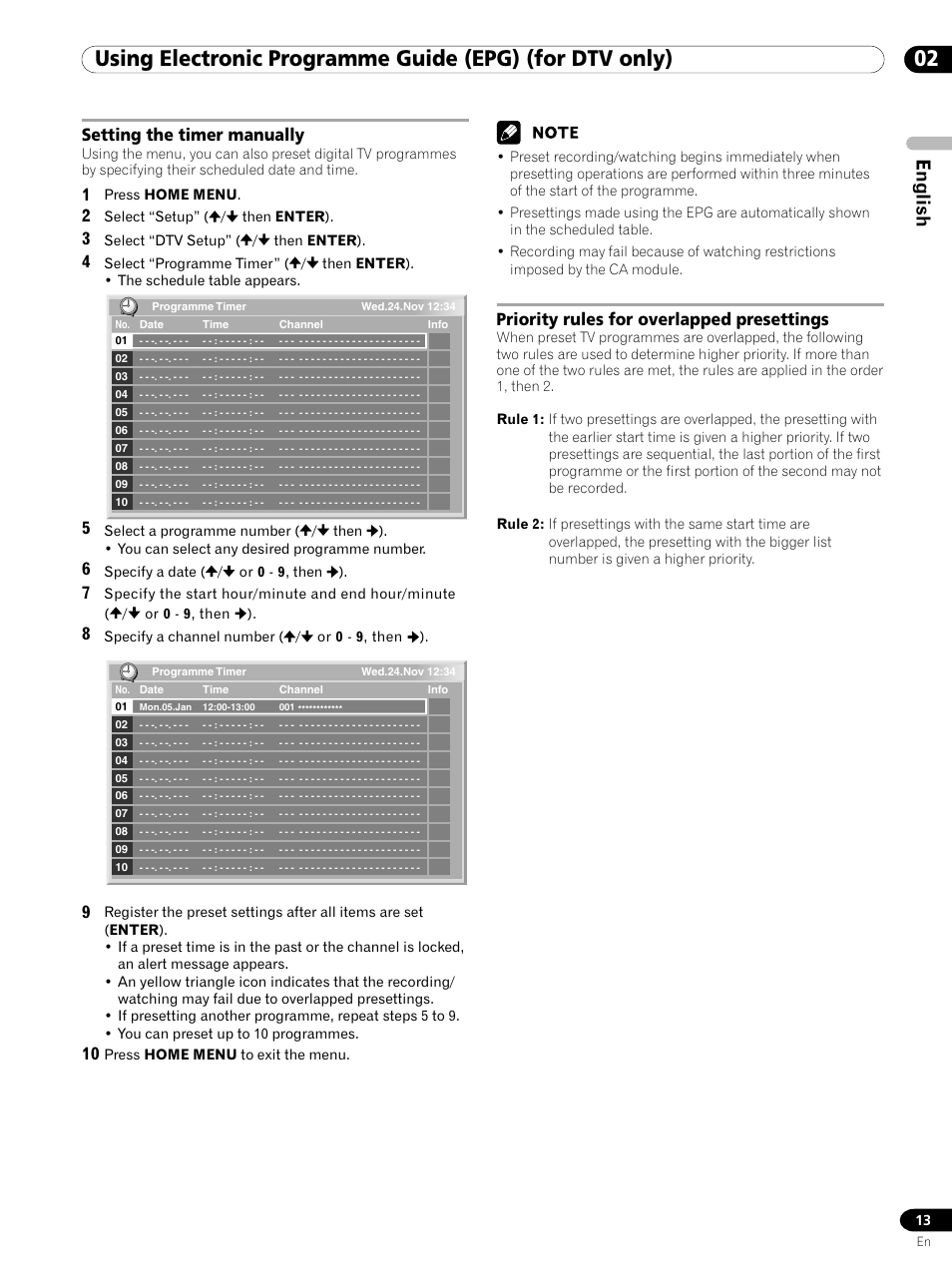 English, Setting the timer manually, Priority rules for overlapped presettings | Pioneer PDP-435XDE User Manual | Page 13 / 100