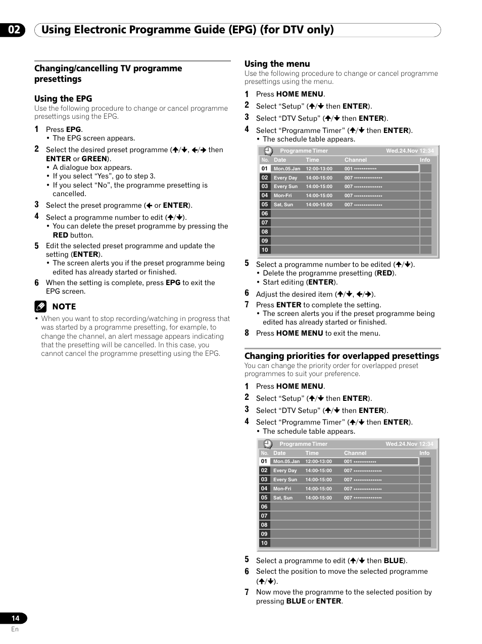 Using the menu, Changing priorities for overlapped presettings | Pioneer PDP-435XDE User Manual | Page 14 / 100