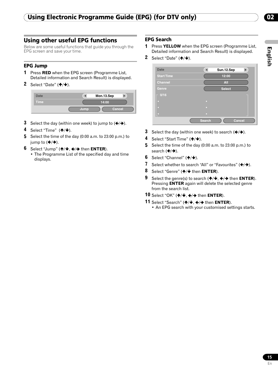 Using other useful epg functions, Epg jump epg search, English | Pioneer PDP-435XDE User Manual | Page 15 / 100