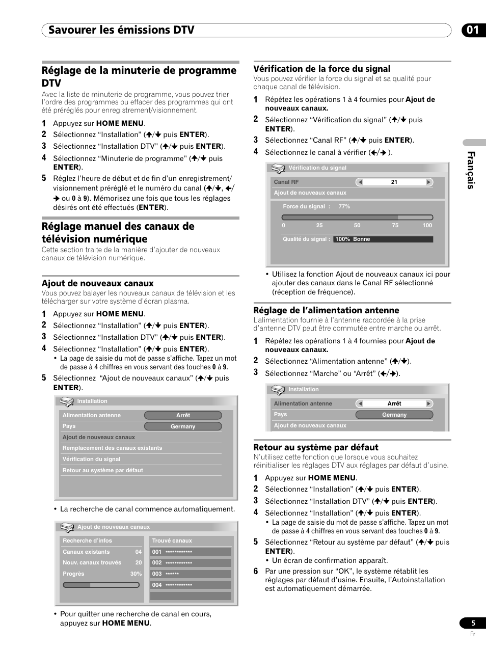 01 savourer les émissions dtv, Réglage de la minuterie de programme dtv, Réglage manuel des canaux de télévision numérique | Français | Pioneer PDP-435XDE User Manual | Page 19 / 100