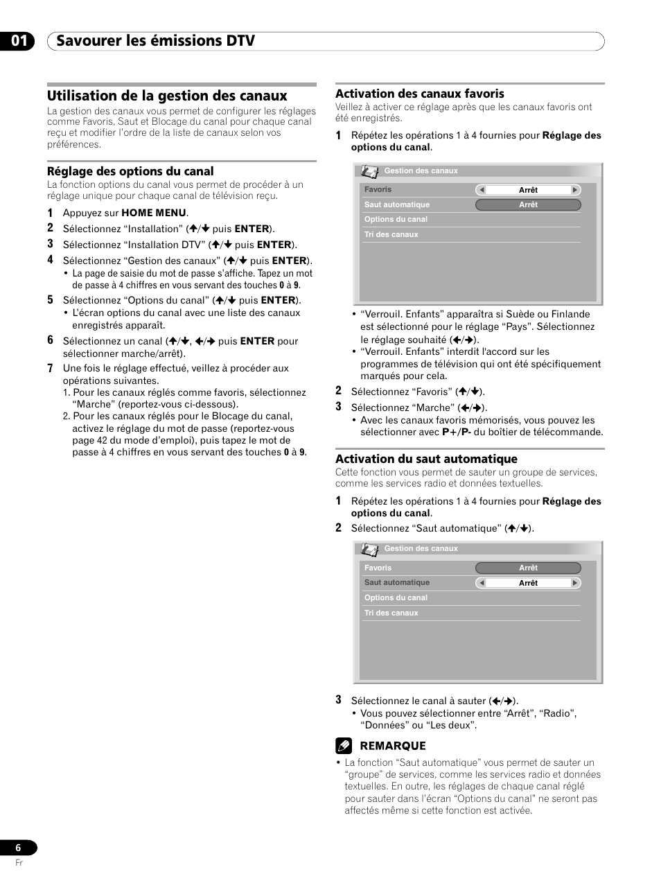 Utilisation de la gestion des canaux, 01 savourer les émissions dtv | Pioneer PDP-435XDE User Manual | Page 20 / 100