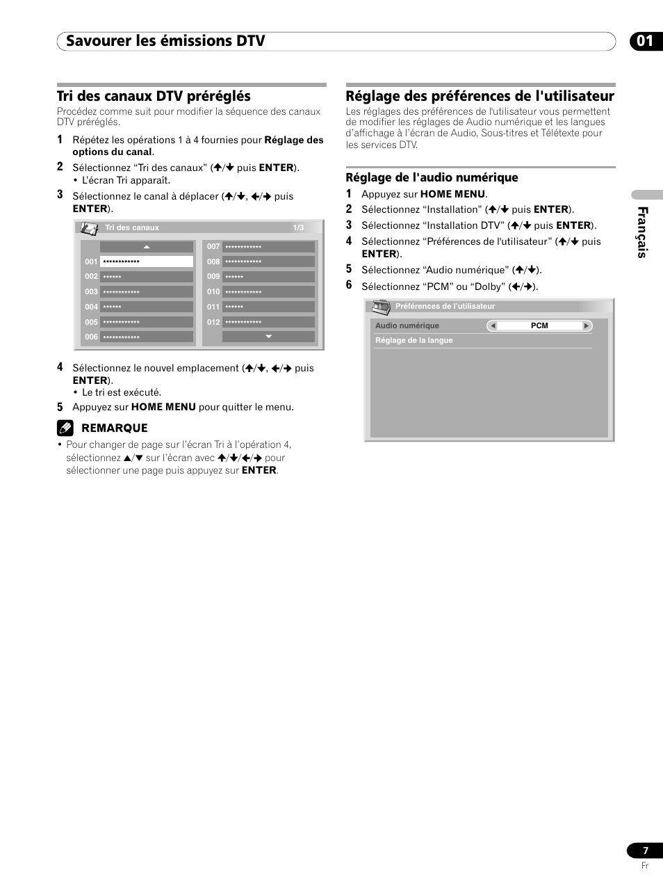 Réglage de l’audio numérique, 01 savourer les émissions dtv, Réglage des préférences de l'utilisateur | Tri des canaux dtv préréglés, Français | Pioneer PDP-435XDE User Manual | Page 21 / 100