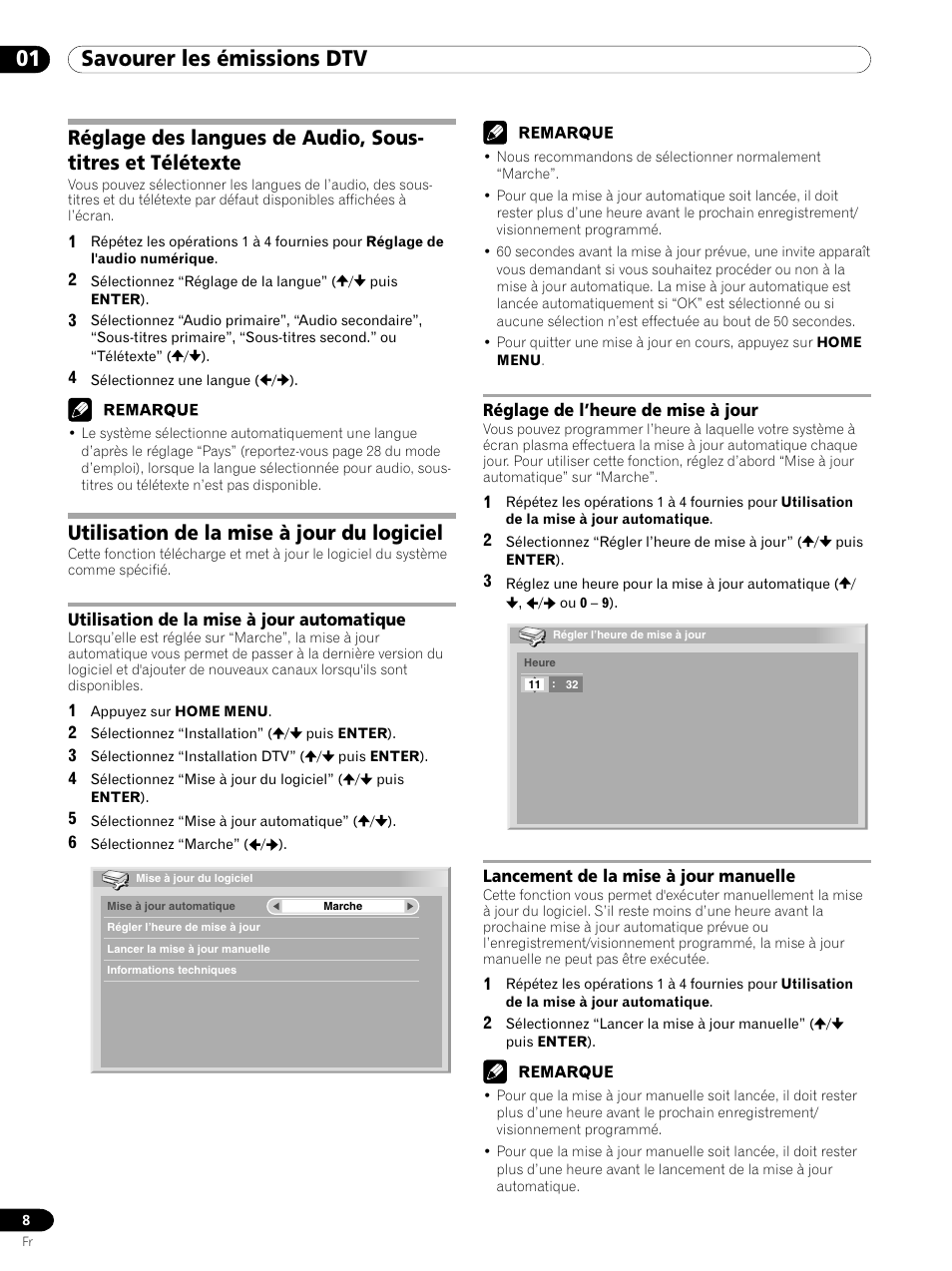 01 savourer les émissions dtv, Utilisation de la mise à jour du logiciel | Pioneer PDP-435XDE User Manual | Page 22 / 100