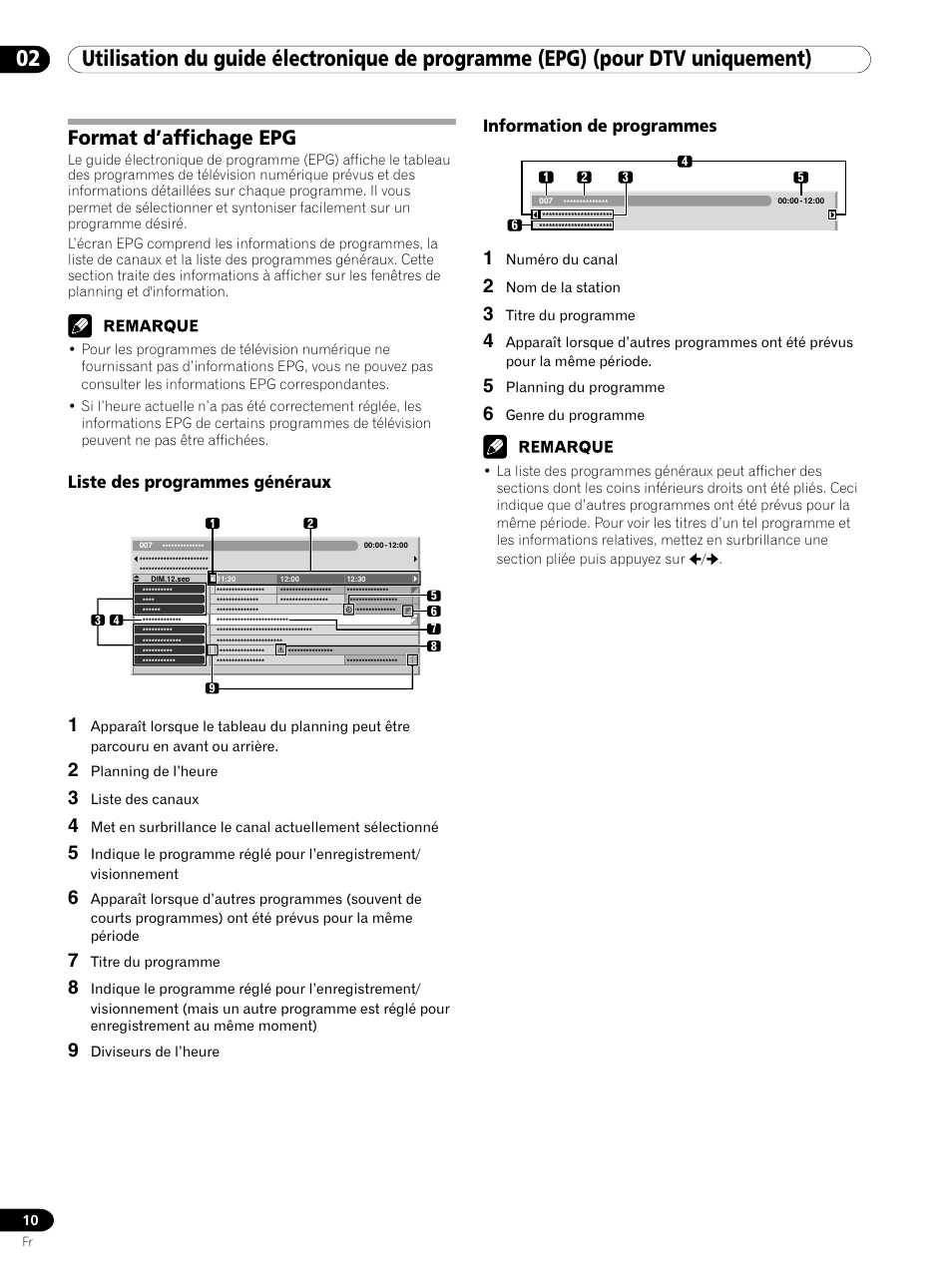 02 utilisation du guide électronique de, Programme (epg) (pour dtv uniquement), Format d’affichage epg | Liste des programmes généraux, Information de programmes | Pioneer PDP-435XDE User Manual | Page 24 / 100