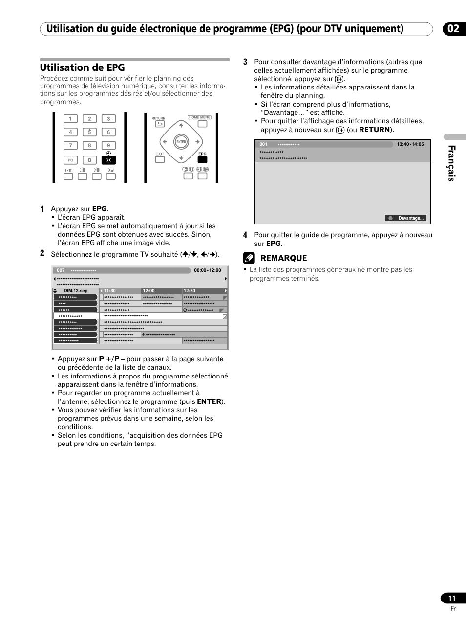 Utilisation de epg, Français | Pioneer PDP-435XDE User Manual | Page 25 / 100