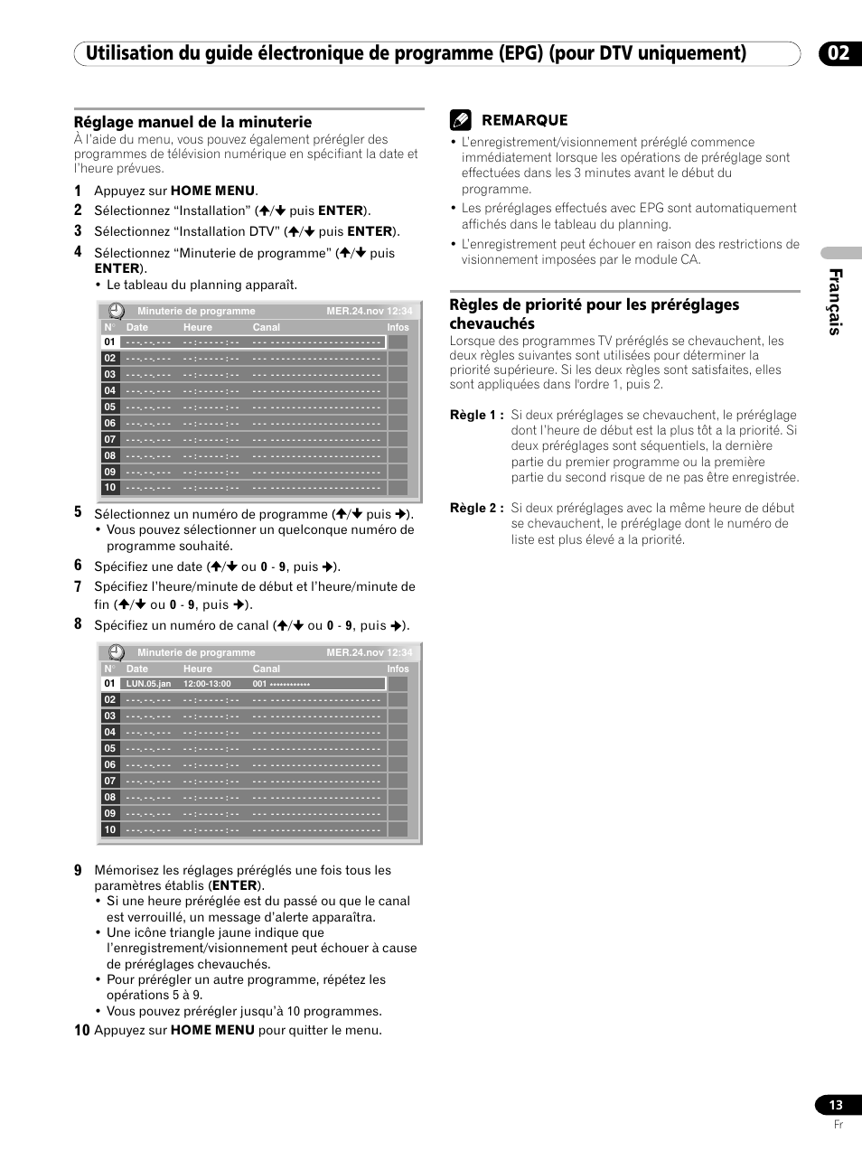 Français, Réglage manuel de la minuterie, Règles de priorité pour les préréglages chevauchés | Pioneer PDP-435XDE User Manual | Page 27 / 100