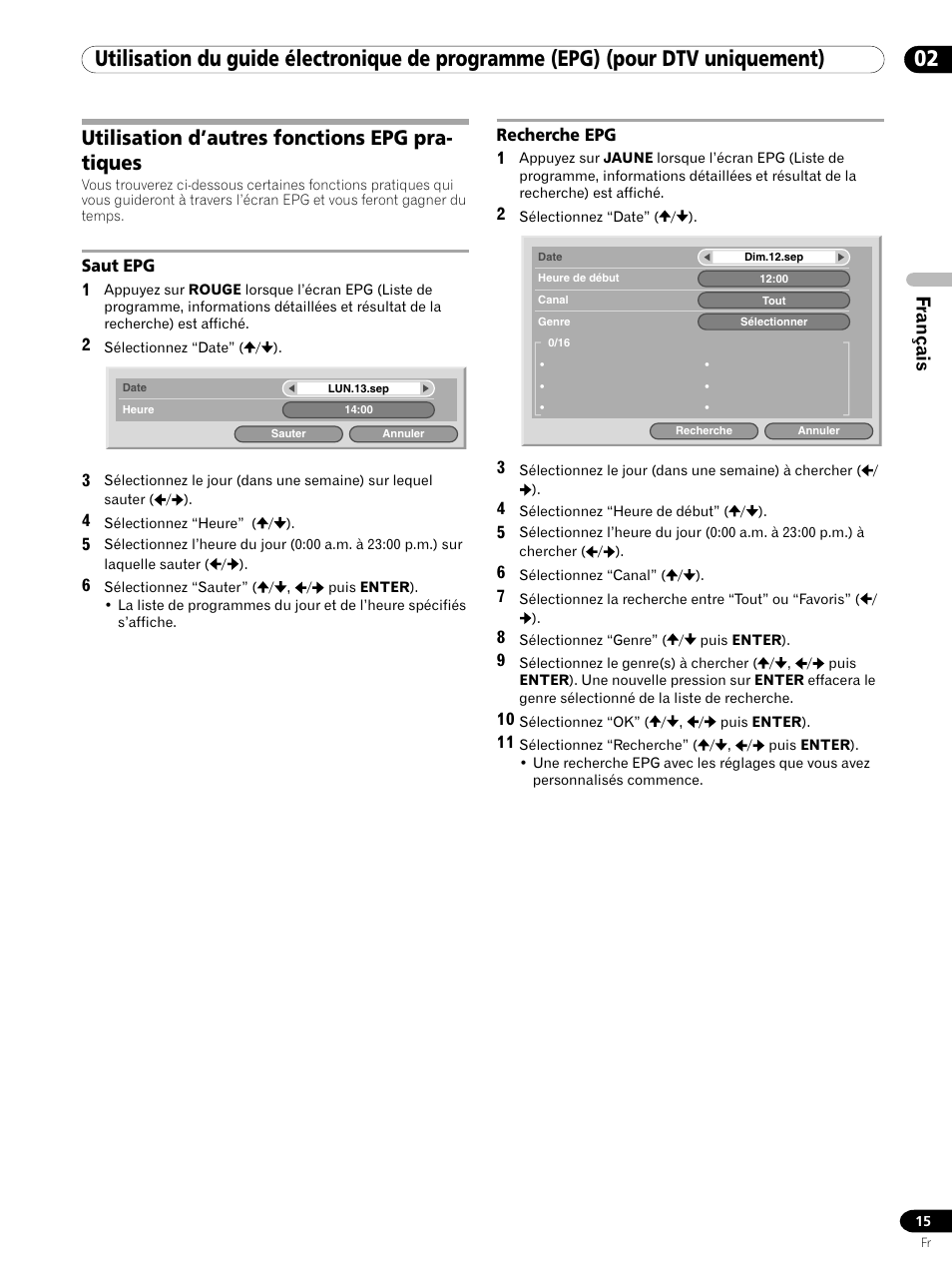 Utilisation d’autres fonctions epg pratiques, Saut epg recherche epg, Utilisation d’autres fonctions epg pra- tiques | Français | Pioneer PDP-435XDE User Manual | Page 29 / 100