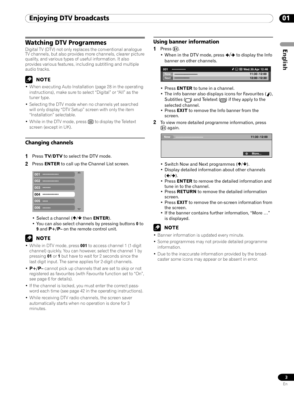 01 enjoying dtv broadcasts, Watching dtv programmes, Changing channels using banner information | English, Changing channels 1, Using banner information 1 | Pioneer PDP-435XDE User Manual | Page 3 / 100
