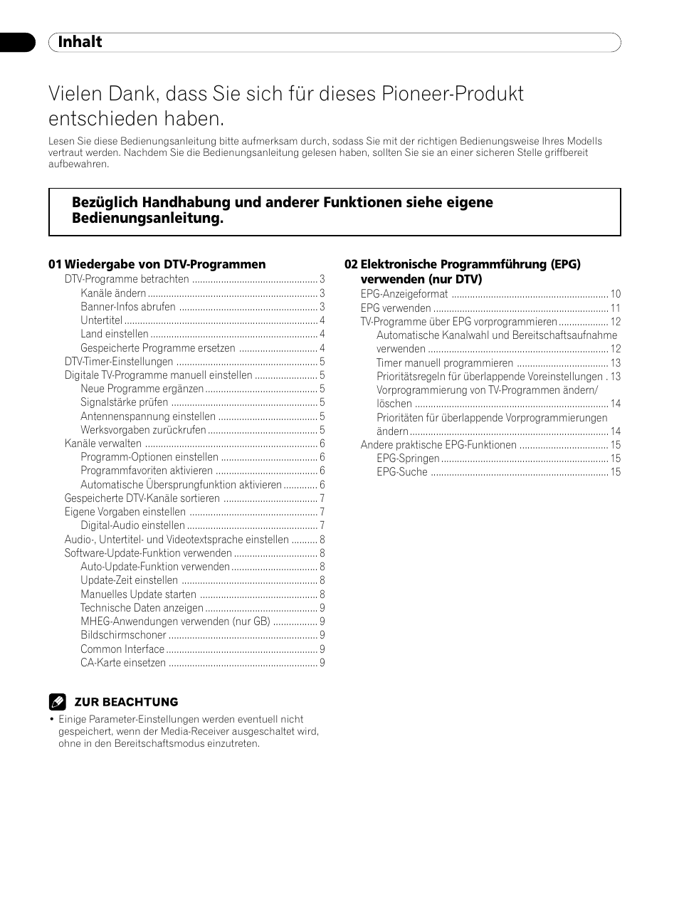 Dtv-bedienungsanleitung, Inhalt | Pioneer PDP-435XDE User Manual | Page 30 / 100
