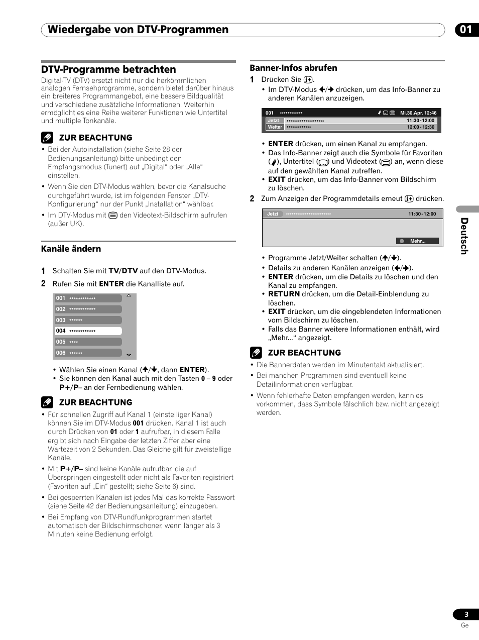 01 wiedergabe von dtv-programmen, Dtv-programme betrachten, Kanäle ändern banner-infos abrufen | Deutsch, Kanäle ändern 1, Banner-infos abrufen 1 | Pioneer PDP-435XDE User Manual | Page 31 / 100