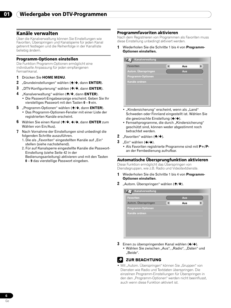 Kanäle verwalten, 01 wiedergabe von dtv-programmen | Pioneer PDP-435XDE User Manual | Page 34 / 100