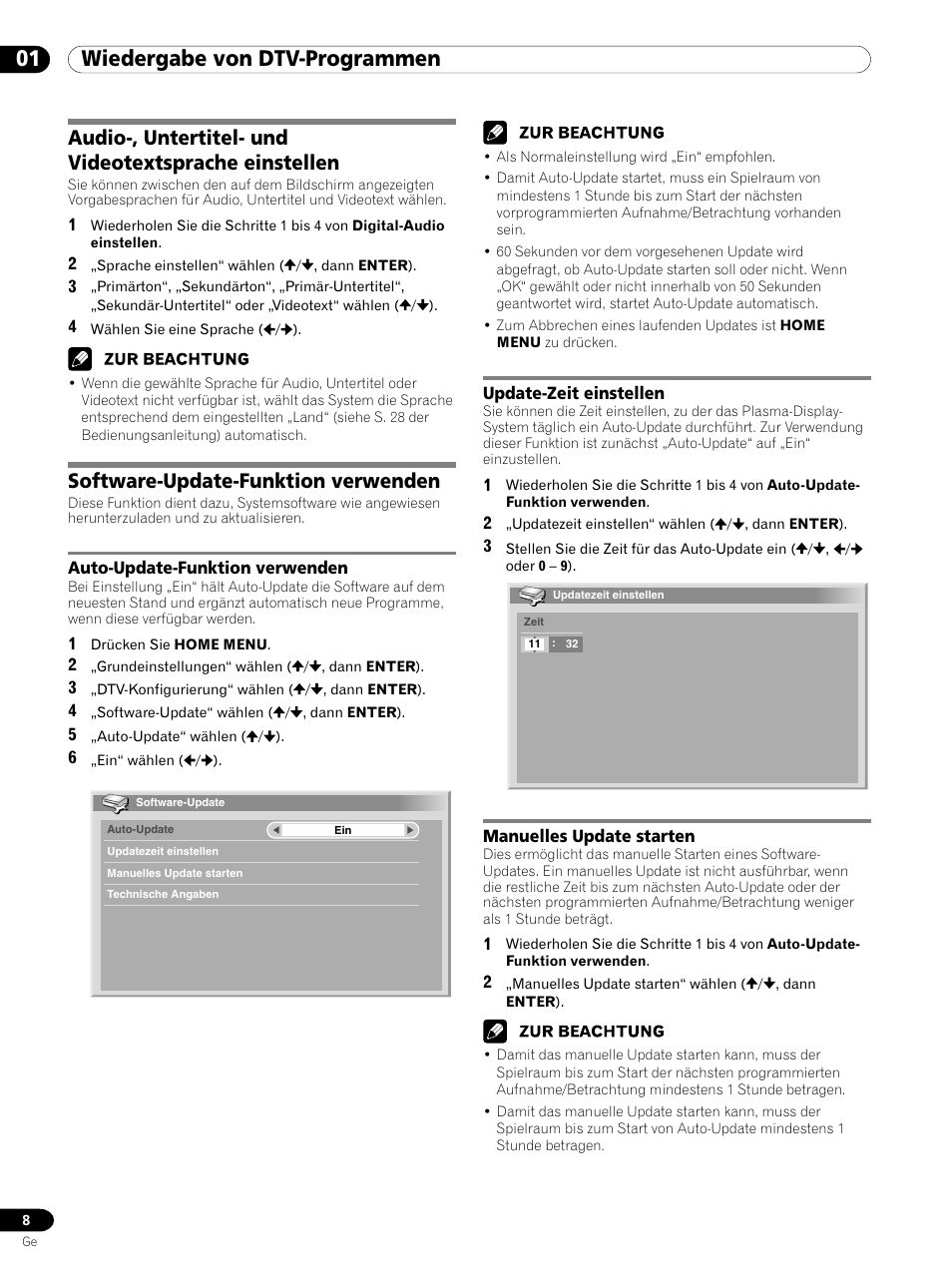 01 wiedergabe von dtv-programmen, Software-update-funktion verwenden | Pioneer PDP-435XDE User Manual | Page 36 / 100