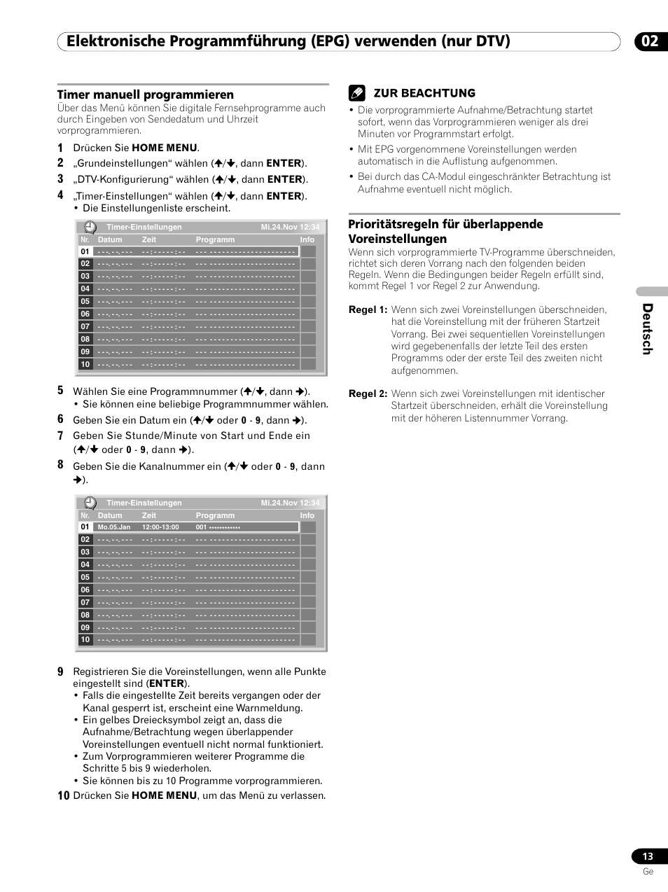 Deutsch, Timer manuell programmieren, Prioritätsregeln für überlappende voreinstellungen | Pioneer PDP-435XDE User Manual | Page 41 / 100