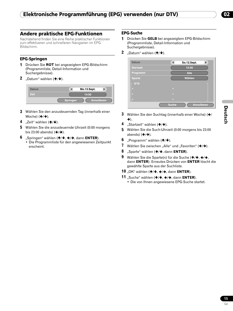 Andere praktische epg-funktionen, Epg-springen epg-suche, Deutsch | Pioneer PDP-435XDE User Manual | Page 43 / 100