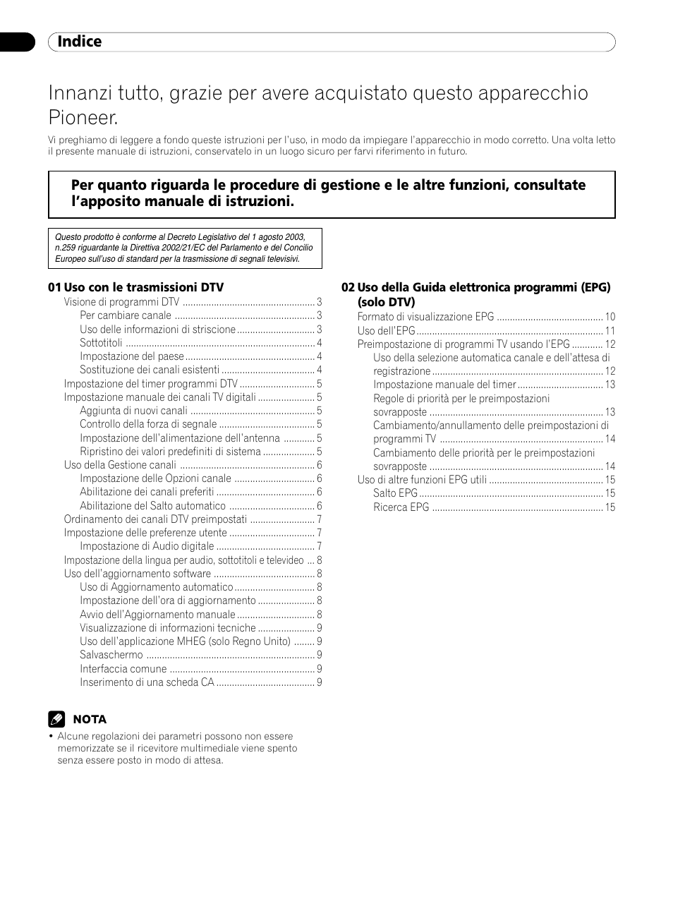 Istruzioni per l’uso del dtv, Indice | Pioneer PDP-435XDE User Manual | Page 44 / 100