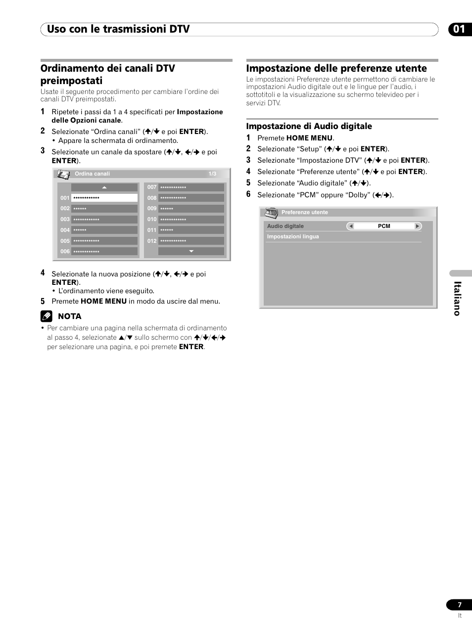 Impostazione di audio digitale, 01 uso con le trasmissioni dtv, Impostazione delle preferenze utente | Ordinamento dei canali dtv preimpostati, Italiano | Pioneer PDP-435XDE User Manual | Page 49 / 100