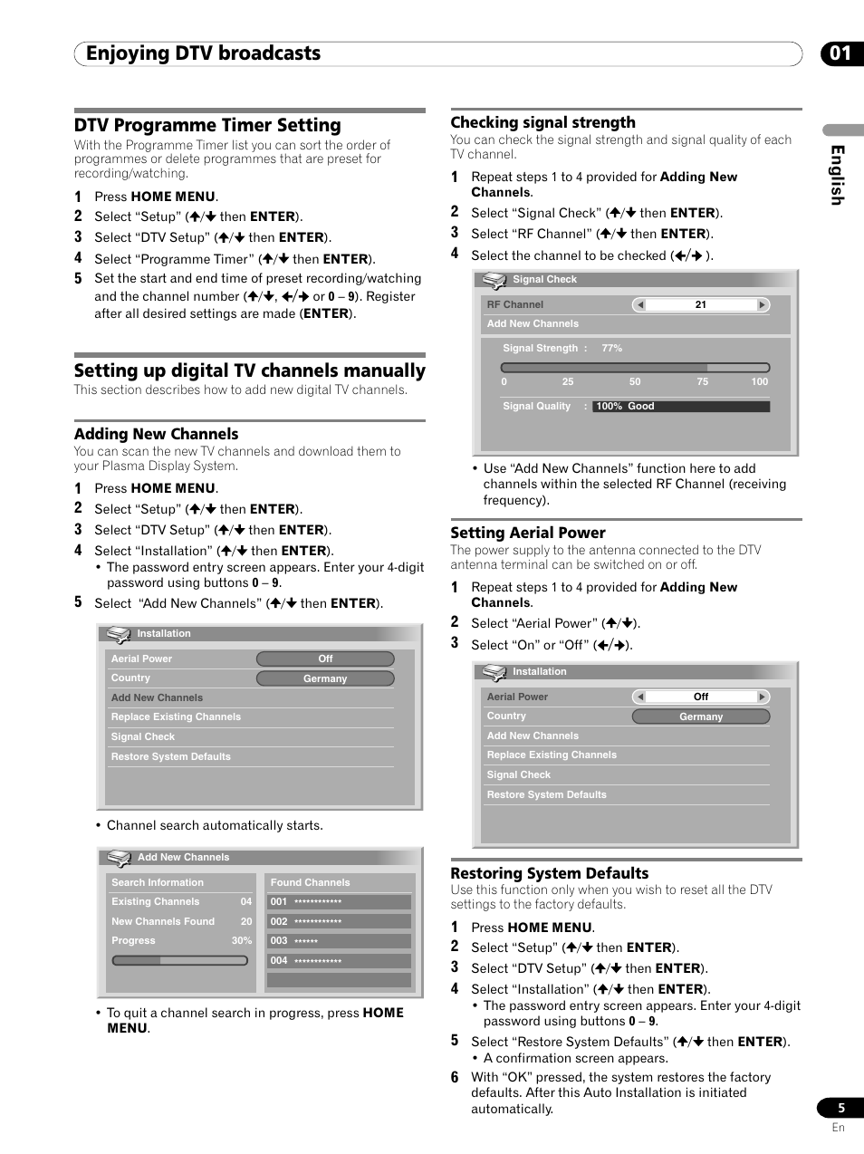 01 enjoying dtv broadcasts, Dtv programme timer setting, Setting up digital tv channels manually | English | Pioneer PDP-435XDE User Manual | Page 5 / 100