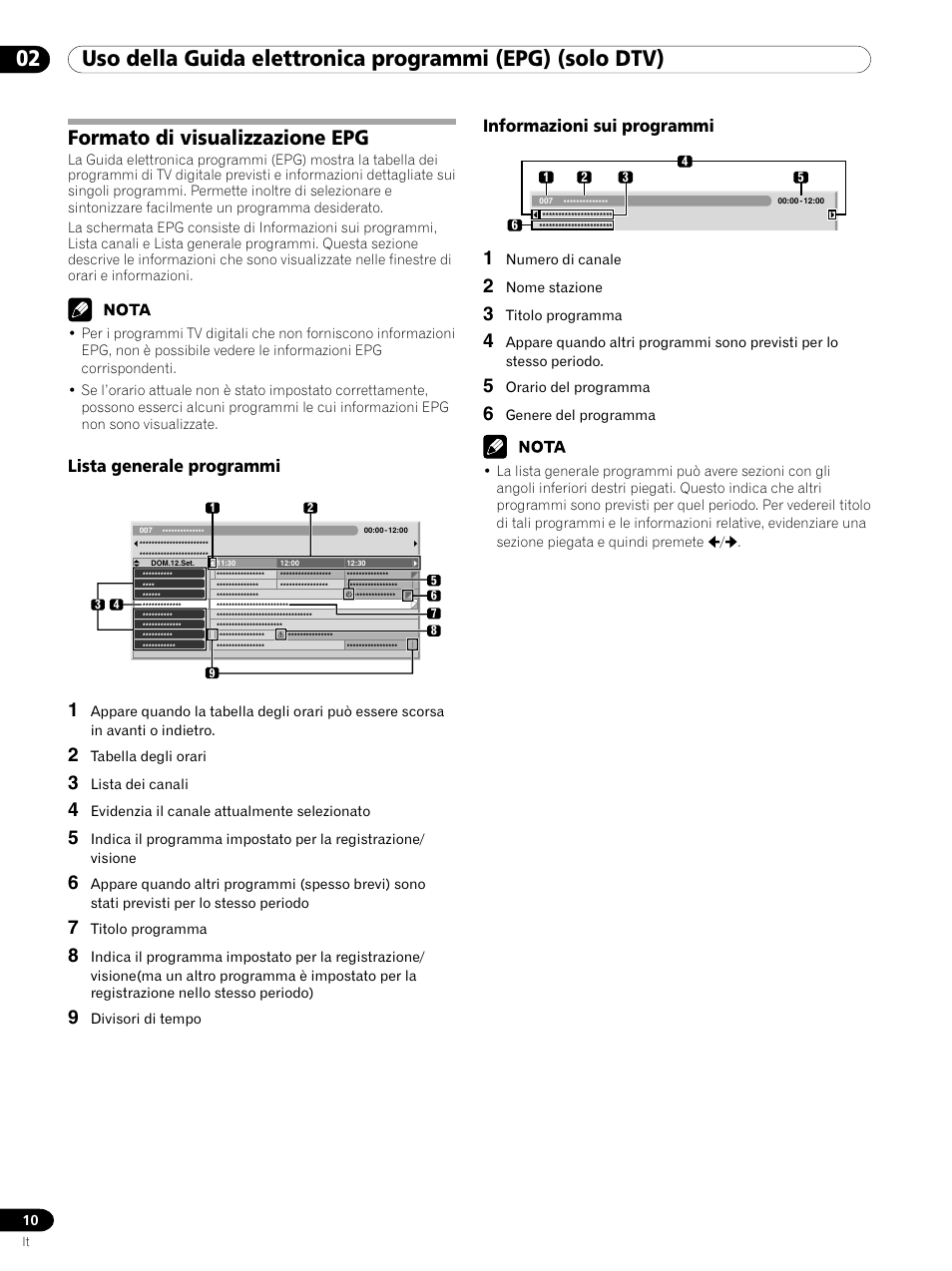 02 uso della guida elettronica programmi (epg), Solo dtv), Formato di visualizzazione epg | Lista generale programmi, Informazioni sui programmi | Pioneer PDP-435XDE User Manual | Page 52 / 100